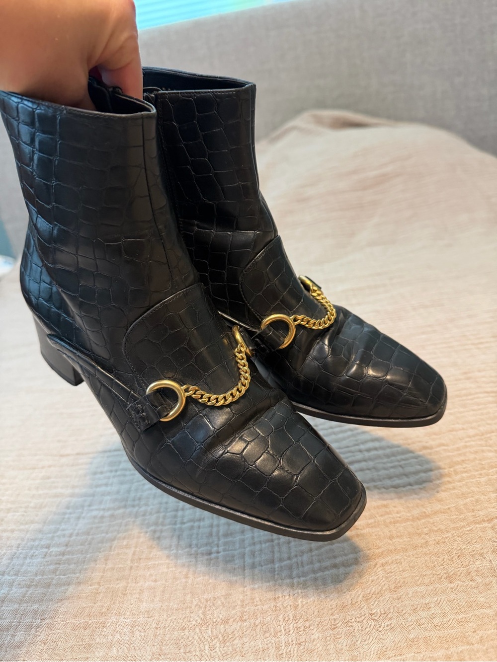 STELLA MCCARTNEY Black Croc-Embossed Leather Ankle Boots w/ Gold Chain Detail - Picture 5 of 8